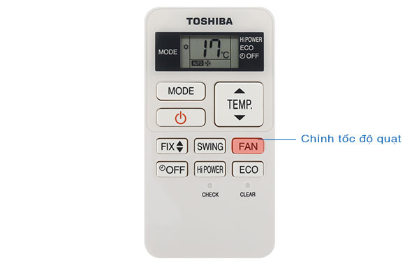 Nhấn nút Fan trên điều khiển điều hòa Toshiba để điều chỉnh tốc độ quạt